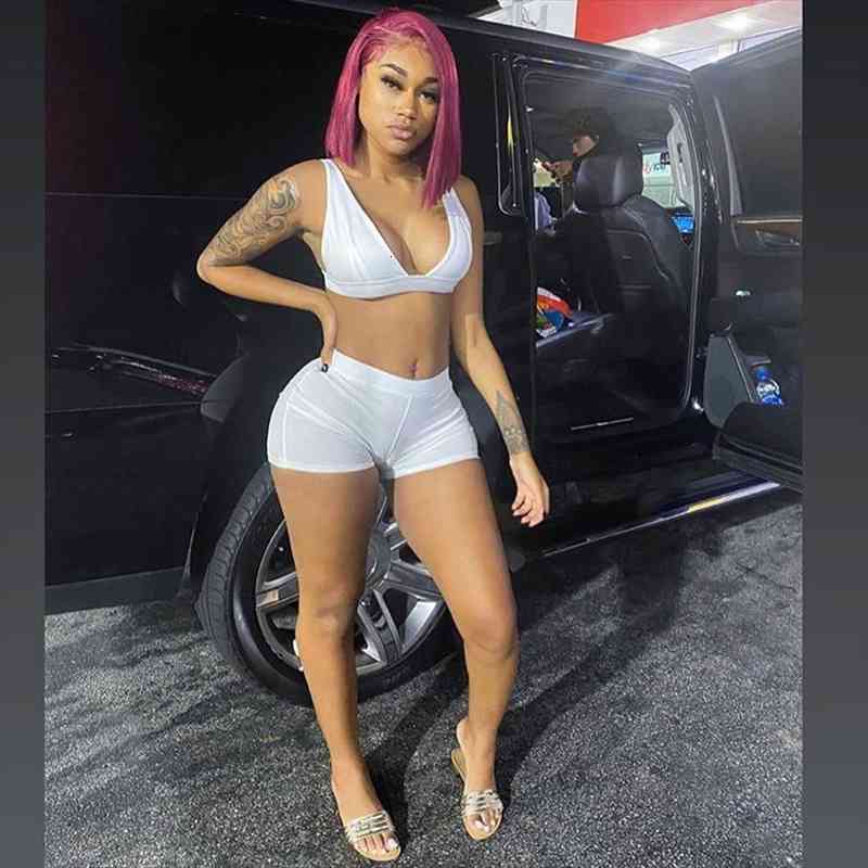 

summer two piece set crop shorts set sporty sweatshirt fitness tracksuit elastic bras and high waist leggings, White