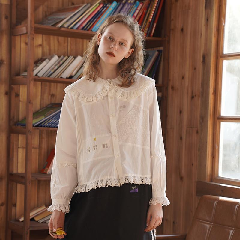 

Romantic Sweet White Peter Women Shirt Pan Collar Cotton Regular Tops Long Sleeve Spring Lace Ruffles
