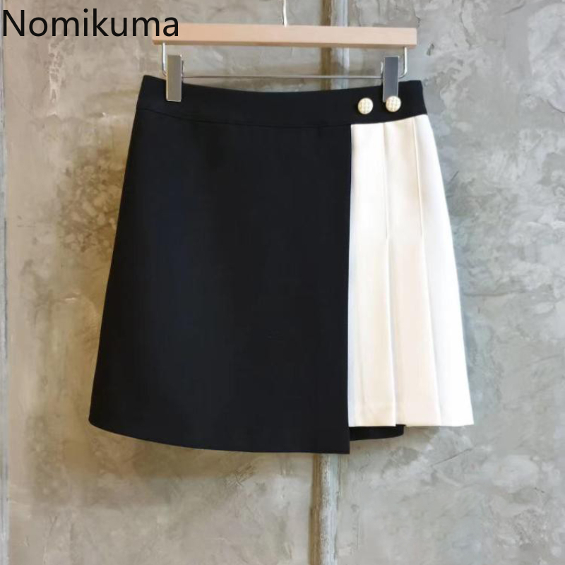 Nomikuma Korean Summer High Waisted Skirts Womens Causal Hit Color Pleated Patchwork Skirt New Faldas Mujer Moda 6G824 210427
