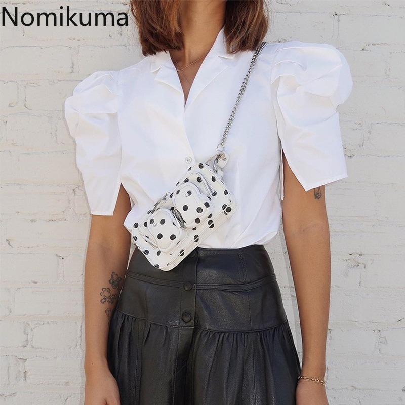 Nomikuma Summer Short Puff Sleeve Blusas Shirt Causal V-neck Korean Elegant Women Tops Fashion Solid Blusas Mujer 6E775 210427