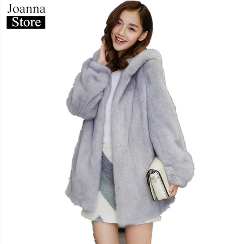 

Women' Fur & Faux Winter Women Hooded Long Slim Coat Female Fake Mink Thick White Fluffy Jackets Plus Size Office Lady Teddy Clothes