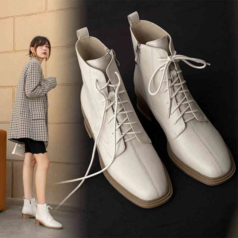 

boots 2021 autumn/winter women shoes square toe chunky casual genuine leather solid lace-up j4dk, Black