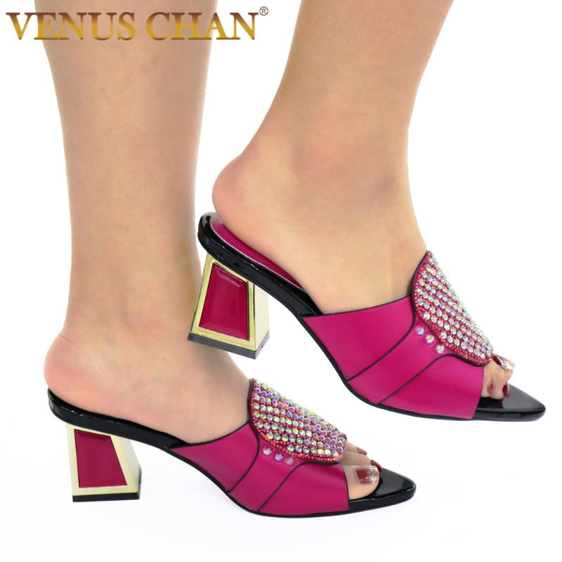 

Fuchsia Party Shoes Women Pumps 6.5cm African Black Woman High Heeled With Rhinestone Heels Wedding Dress