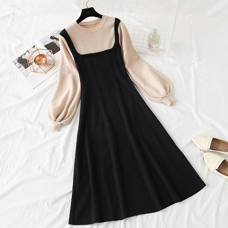 

Autumn Winter Sweater Dress Women Long Sleeve O-neck Knitted Dress Vintage Female Sweater Bottoming Slim A Line Dresses 210521, Khaki