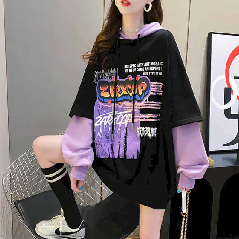

Korean version of loose fake two-piece sweatshirt women hooded autumn mid-length student all-match jacket trend 210526, 1209 reg black
