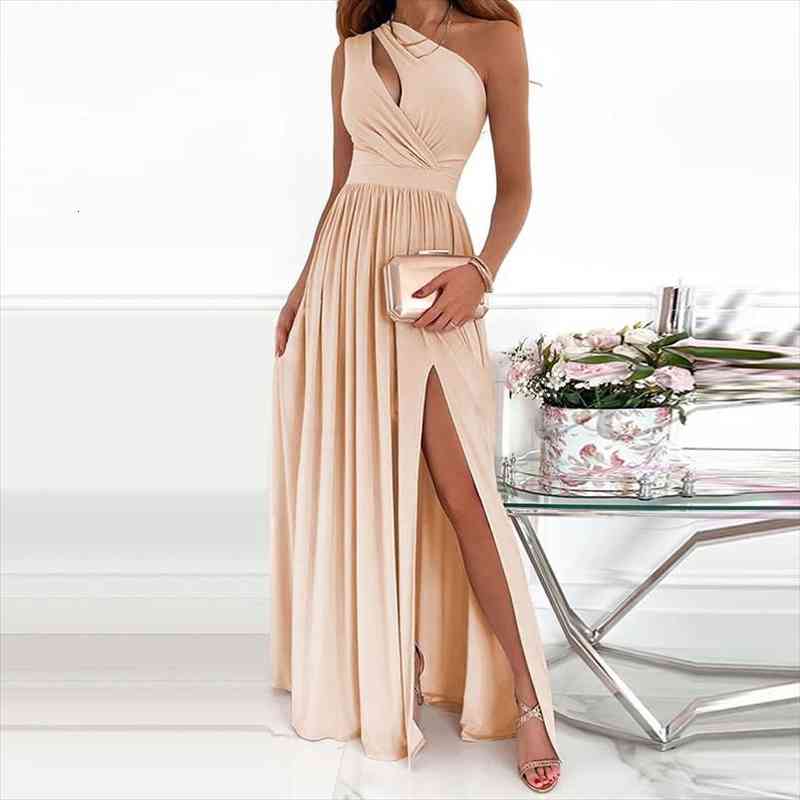

skew collar hollow solid women out long dress summer one shoulder high slit maxi dress sleeveless draped lady party, Black;gray