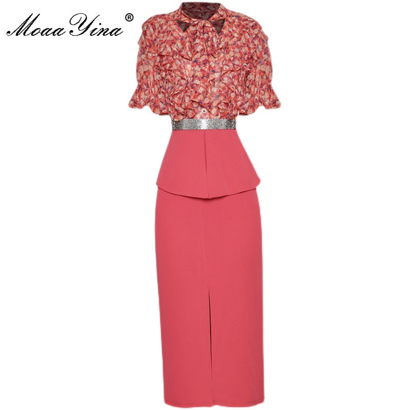 

Fashion Designer Summer Midi Dress Women' Short sleeve Floral print Splicing Red High waist Slim Pencil Vestidos 210524, Blue