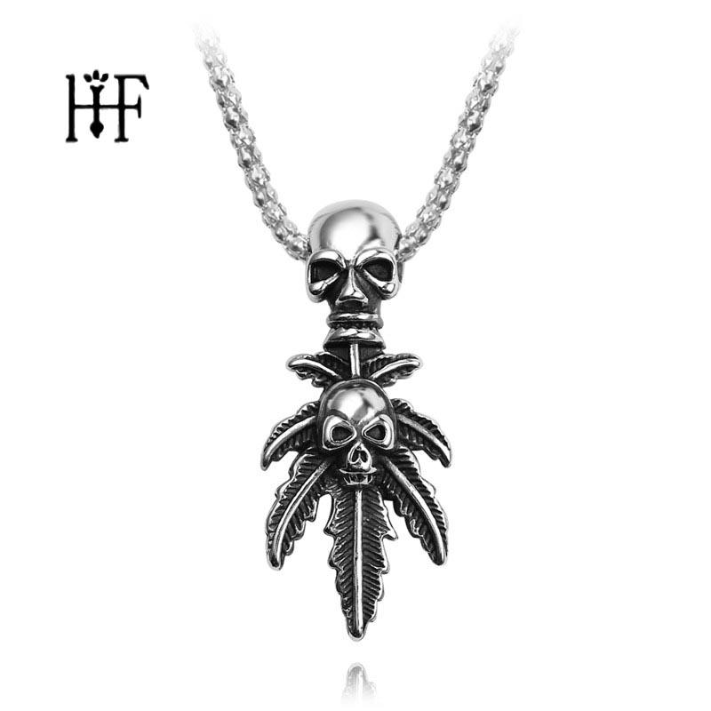 

Pendant Necklaces Vintage Fashion Men's Skull Necklace Punk Double Head With Leaf Alloy Metal Ancient For Men, Silver