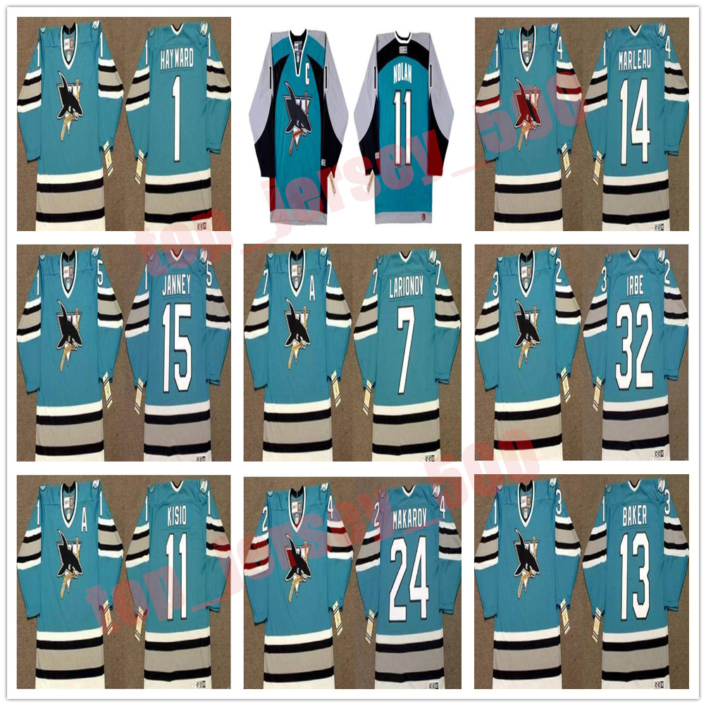 

Vintage San Jose Sharks Jersey 24 Sergei Makarov 7 IGOR LARIONOV 11 KELLY KISIO 33 MARTY McSORLEY 14 MARLEAU 15 CRAIG JANNEY CCM Hockey, As shown in illustration