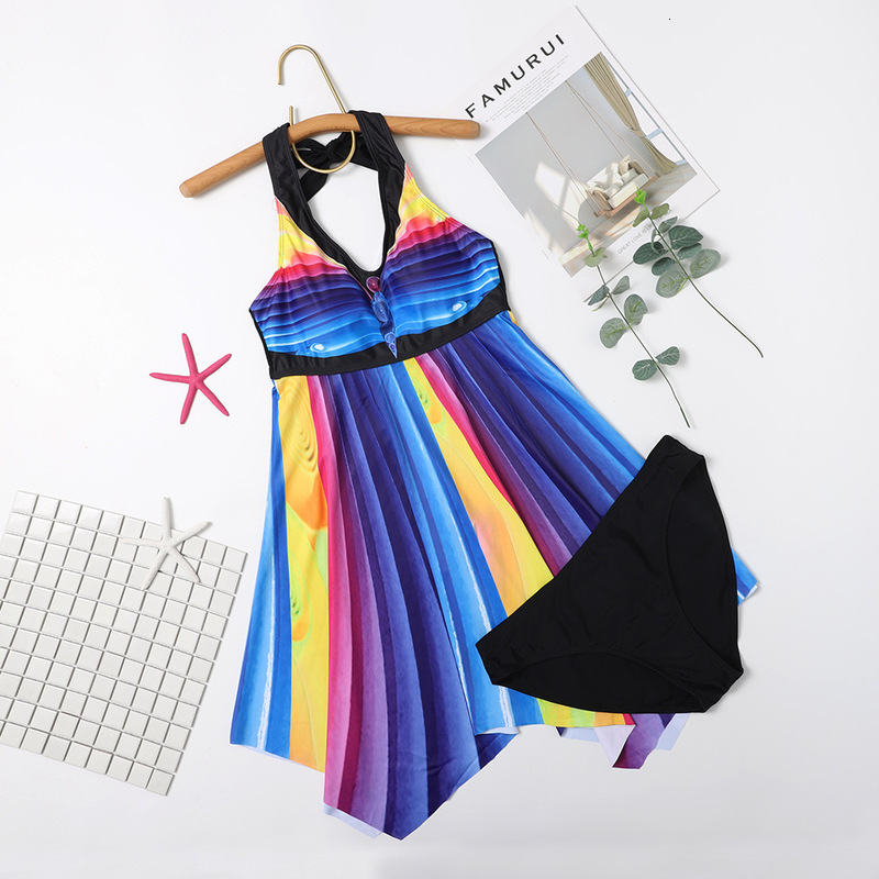 

large 2021 size colorful long skirt neck split bikini swimsuit, Black;white
