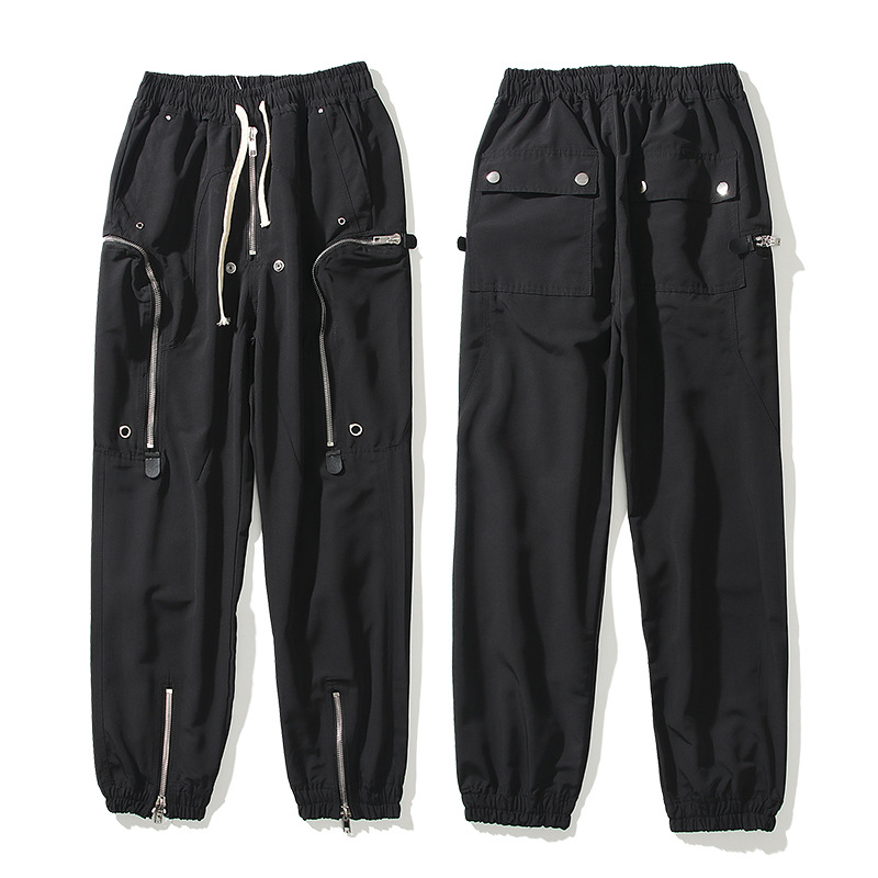

Men's Pants RO style high street dark functional zipper trousers drawstring elastic casual slim trousers, Black