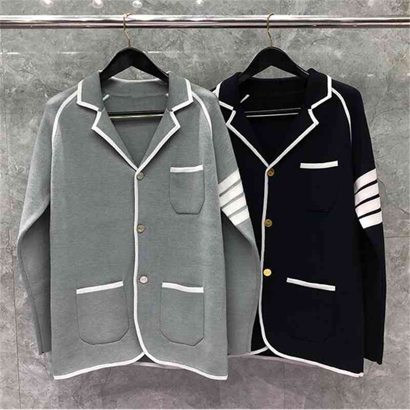 

downs Fashion TB THOM Brand Jacket Men Casual Suit Slim Fit Men's Blazer Wool Autumn Winter Coat Striped Cardigan Sweater, Black
