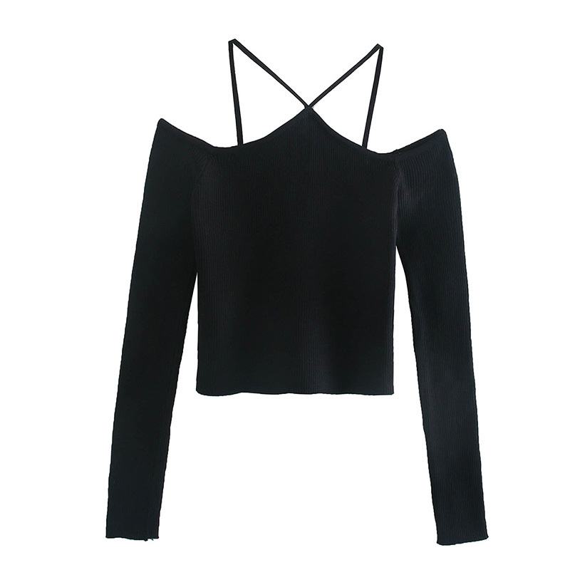 

Autumn Female European And American Style Sexy Strapless Hollow Tight Long-Sleeved Women Sweater 210520, Black
