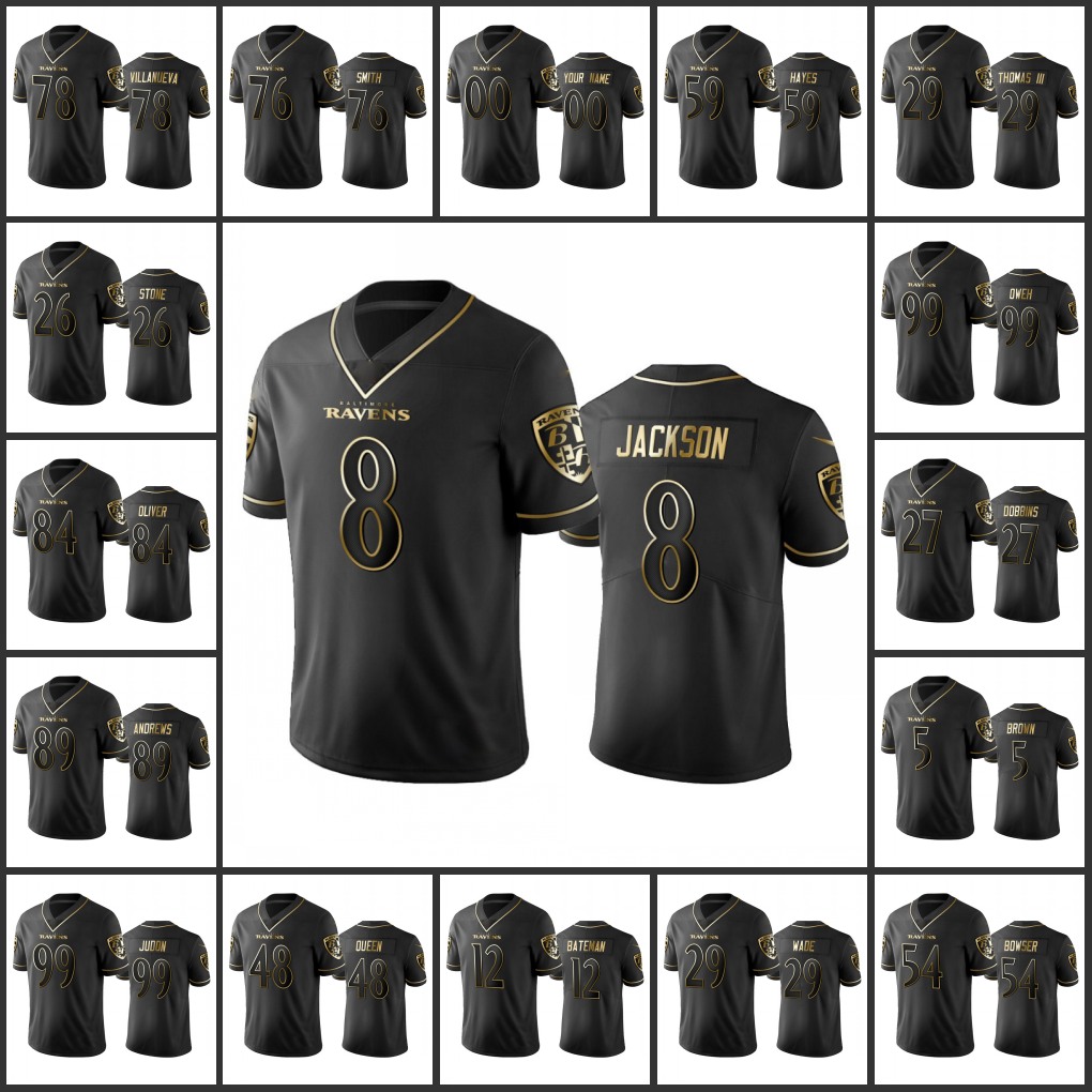 

BaltimoreRavensMen #12 Rashod Bateman 5 Marquise Brown 8 Lamar Jackson 27 J.K. Dobbins Custom Women Youth Black Golden Edition V