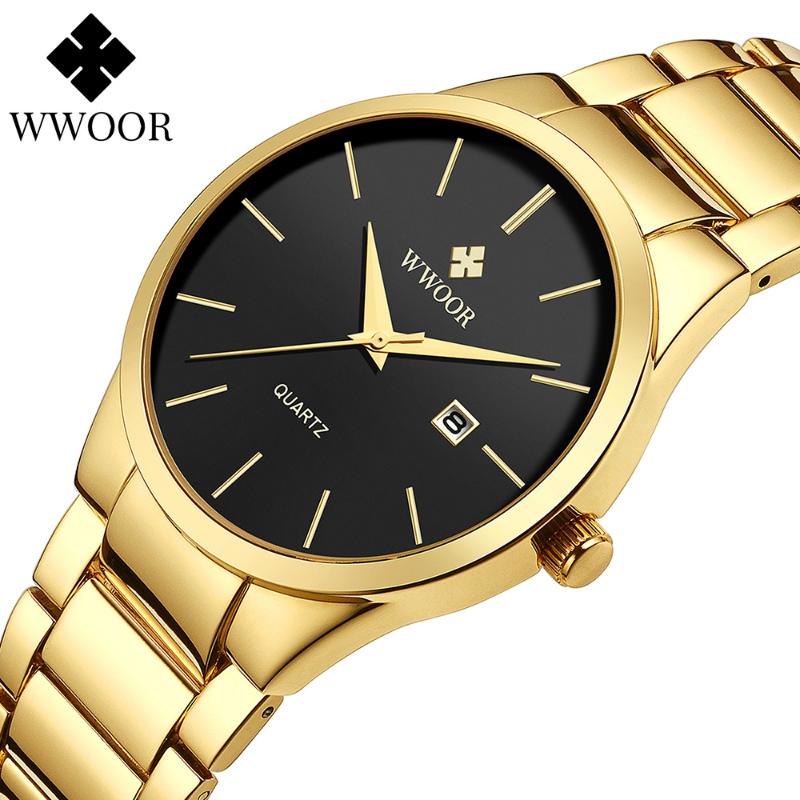 

Relogio Masculino WWOOR Mens Watches Top Gold Black Quartz Watch Men Steel Waterproof Date Wrist Drop Wristwatches, Black silver