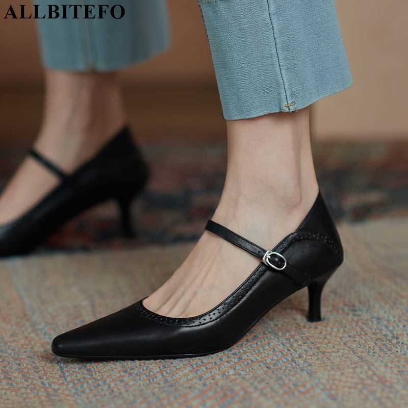 

ALLBITEFO thin heel white natural genuine leather women heels fashion casual sheepskin inside high heel shoes office work shoes 210611, As picture