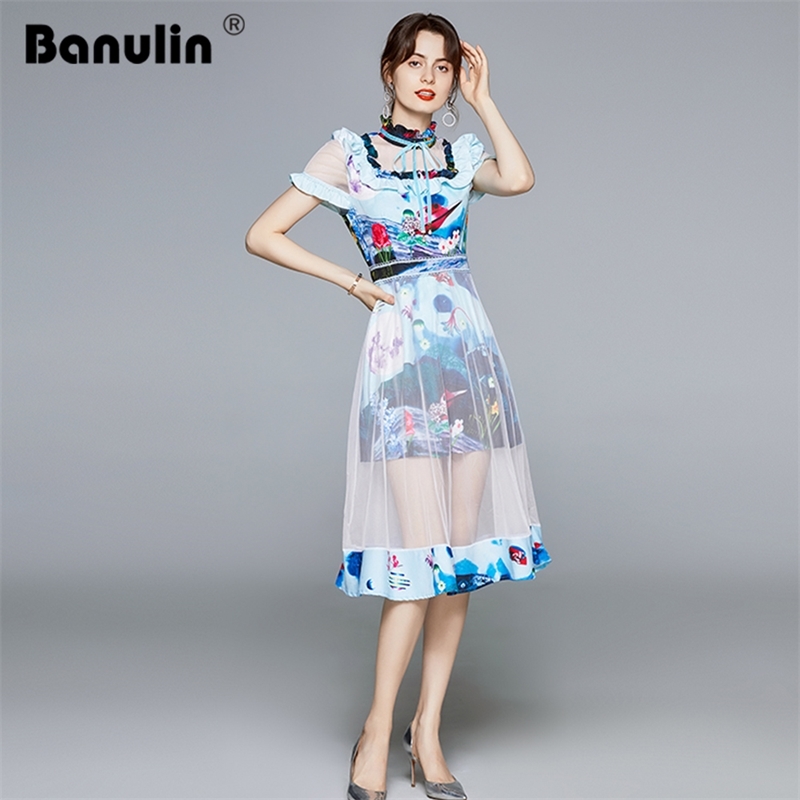 

Women Summer Sweet Dress Runway Ruffles Flare Short Sleeve Floral Print See through Mesh Patchwork Elegant Midi 210603, Blue
