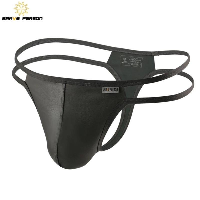 

Underpants BRAVE PERSON 2021 Men Briefs Sexy Underwear Thongs Imitation Leather Fabric Innovative Design Man, Black