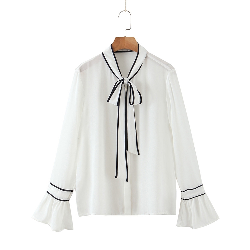 

Spring Chiffon Blouse Women Lace Up Flare Sleeve Elegant Office Lady Shirts Preppy Style Shirt XZ2413 210525, White