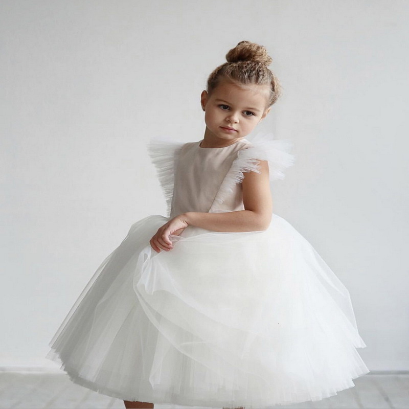 

Girl's Dresses Summer Girls Party Sleeveless Transparent Back Piano Show White ffy Flower Girl es for Weddings E1007 J6Y2