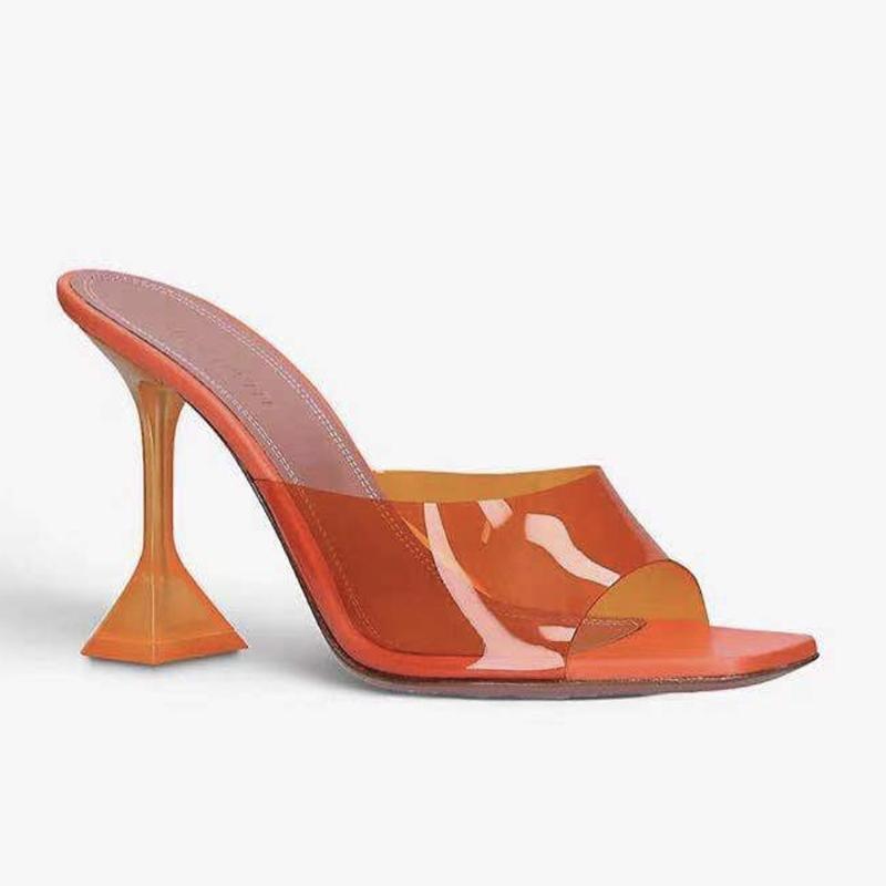 

AMINA MUADDI Sandals Transparent Crystal Heel Slippers Women 2021 Summer Style Amina Fashion Wine Glass With Square Toe 34-45 gpY, Red