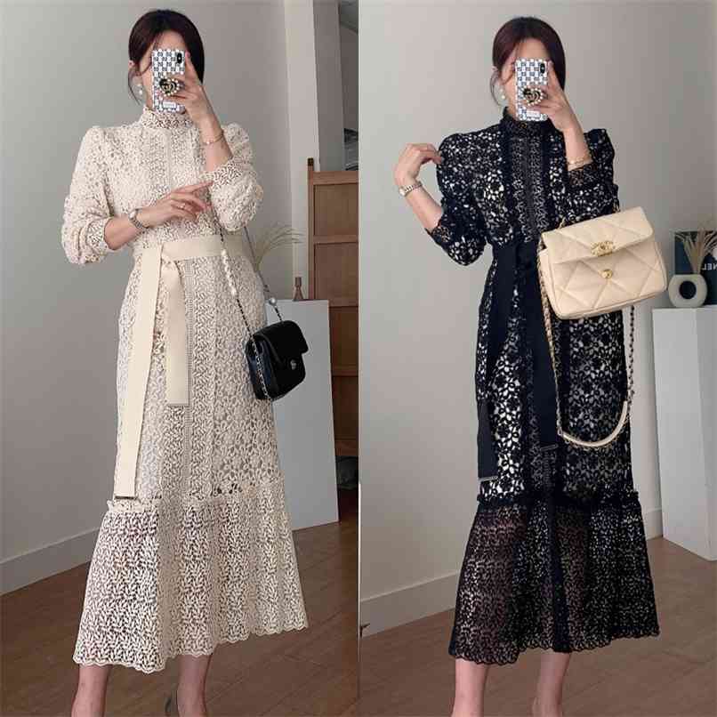 

Korean Hook Flower Hollow Mid Lace Dress for Women Elegant Long Sleeve Sashes Bodycon Mermaid Slim Robe Female 210602, Picture color
