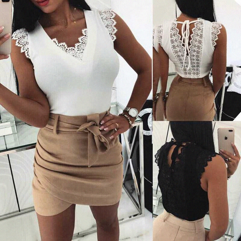 

2019 women's fashion new summer tank lace vest camisole sleeveless lace casual solid v-necktank i4od#, White