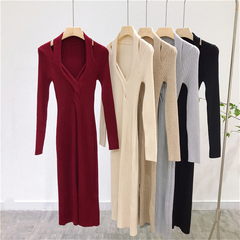 

Autumn and winter style v-neck twist knot cross-slim slimming strapless slit over the knee long knitted dress women 210525, Apricot