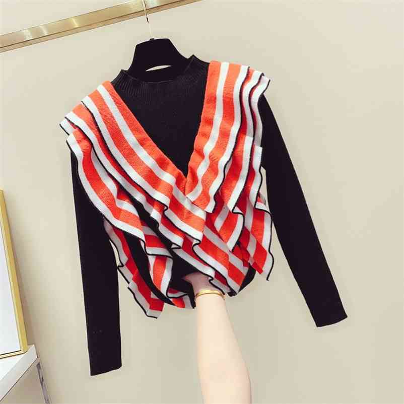 

Ruffles Irregular Stripe Sweater Women's Autumn Winter Color Matching Sweaters Lady Warm Knitwear Tops A3830 210519, Beige
