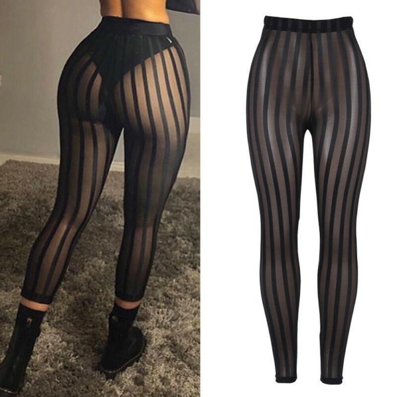 

goocheer stretchy casual women legging slim pants striped perspective mesh clubwear high waist trousers, Black