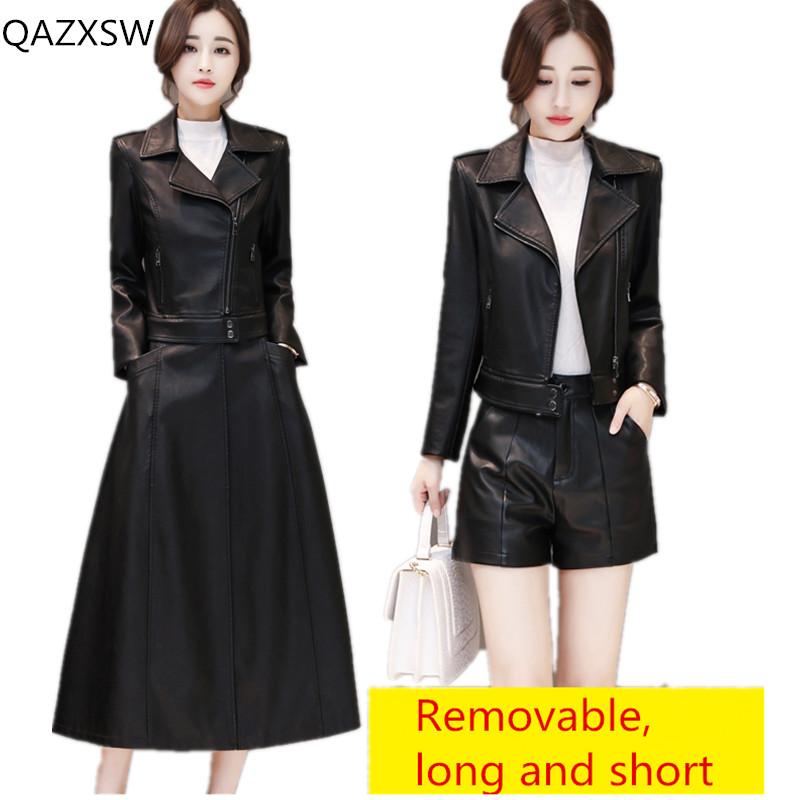 

Women's Leather & Faux 2021 Autumn And Winter Real Jacket Women Long Outer Over The Knee Detachable Length Two Coat TQ213, Black