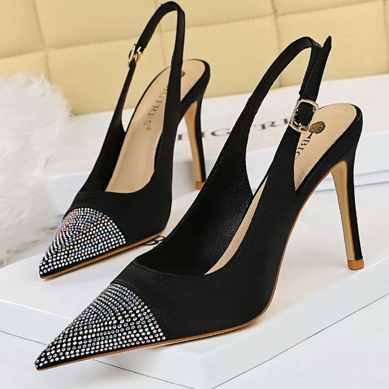 

Dress Shoes Women Pumps Black Crystal Pointed Toe Rhinestone High Heels Wedding Heeled Slingbacks Sandals Big Size 34-43