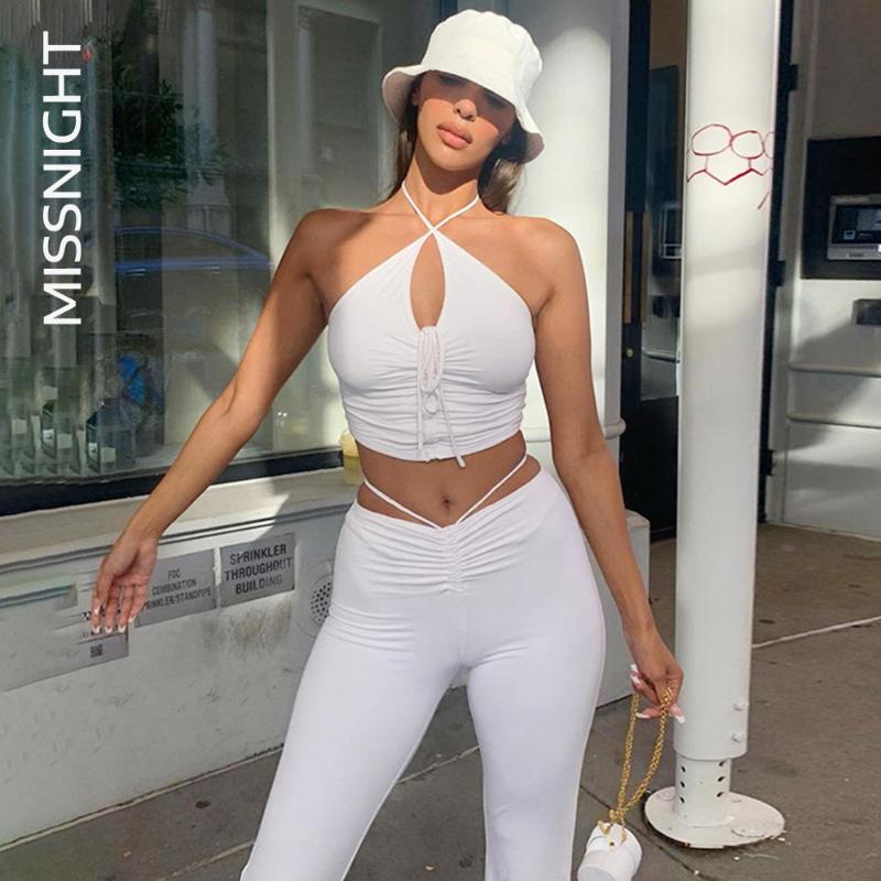 

Women' Two Piece Pants Missnight Bandage Halter Top Trouser Set Women Black White Long Pant Lace Up Backless Sexy Clubwear Streetwear
