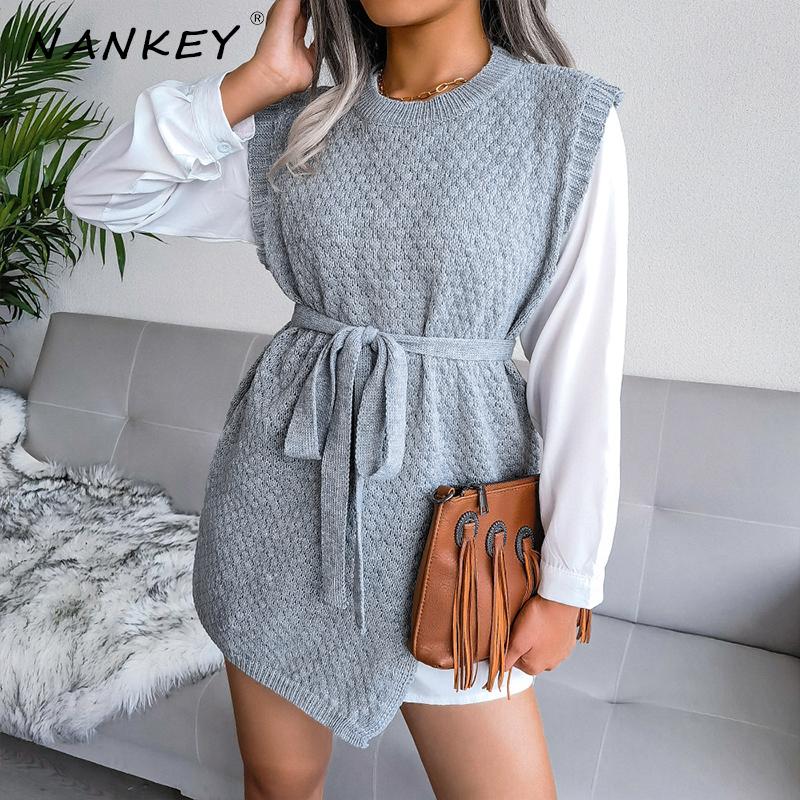 

Women' Sweaters NANKEY Fashion Solid Belt Sleeveless Sweater Mini Dresses Casual Elegant Loose Oversize Knitted VersatilClothes Vestidos, Black