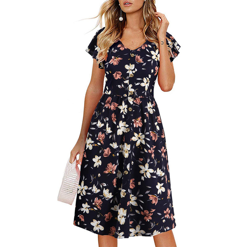 

Women Dress 2021 Summer V-neck Floral Print Chiffon Dress Boho Style Short Party Beach Dresses Vestidos de fiesta, Navy blue