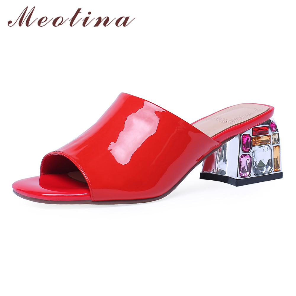 

Women Shoes Summer Slippers Natural Genuine Leather Thick High Heel Cow Patent Sandals Red 43 210517, Green