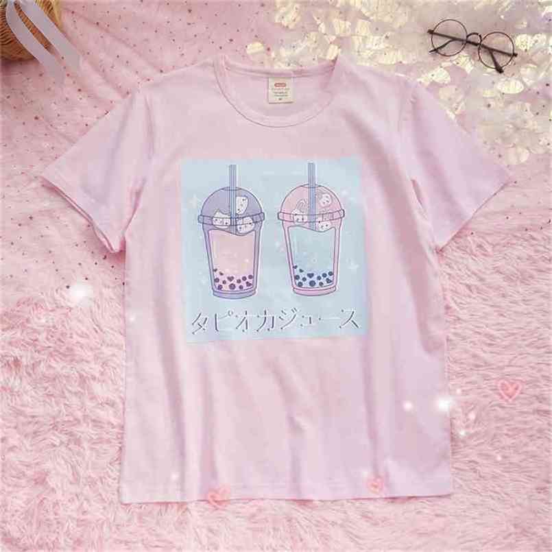 

Summer Small Fresh Students Pink Milk Tea Print Short Sleeve T-shirt Tee Kawaii Harajuku Soft Girl Ulzzang Women's Loose Tops 210708