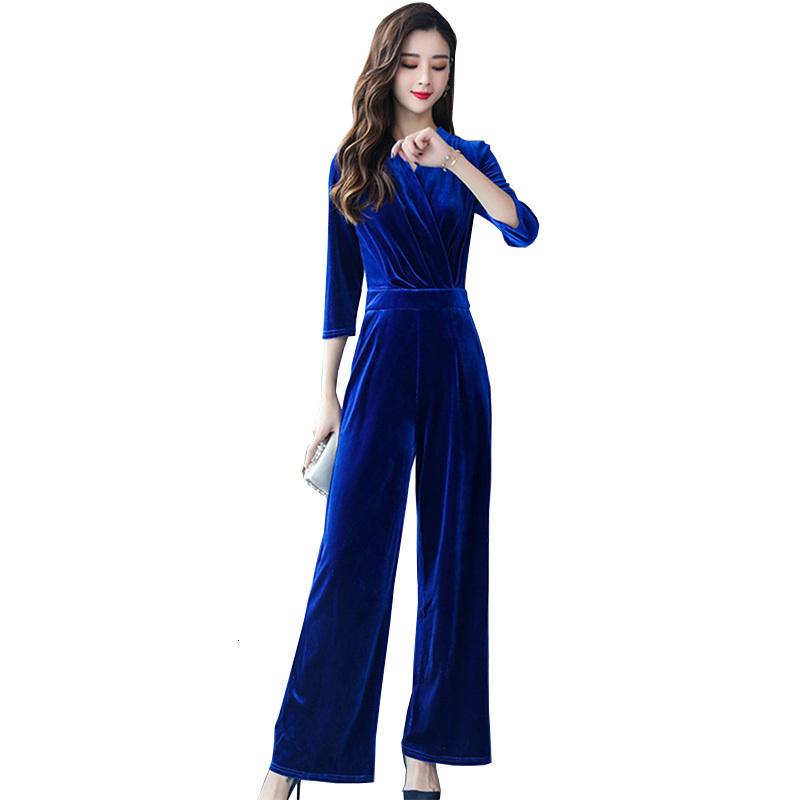 

Women's Jumpsuits & Rompers Spring Blue Party Elegant Work V -neck Three Quarts Of Gold Velvet High Taille Maxi Jumpsuit Women Casual Busine