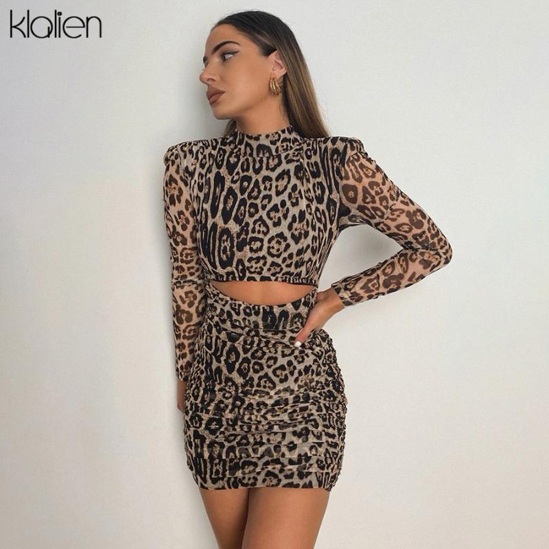 

Fashion Sexy Hollow Out Leopard Mesh Mini Bodycon Dress Autumn Long Sleeve Casual Street Slim Elastic Women Dresses, Black;gray