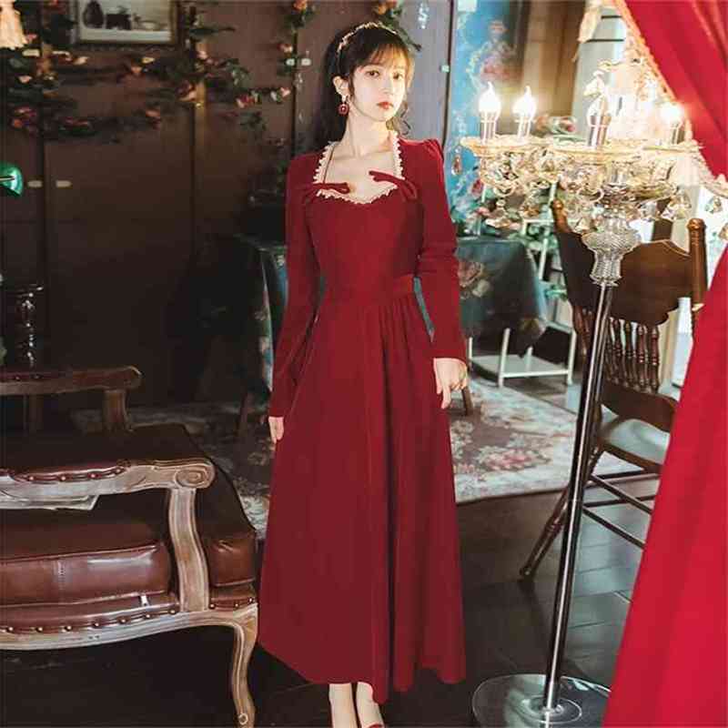 

Full Sleeve Red Long Dress for Women Velvet Vintage Mid-calf Party Night Female Vestidos Spring 210603