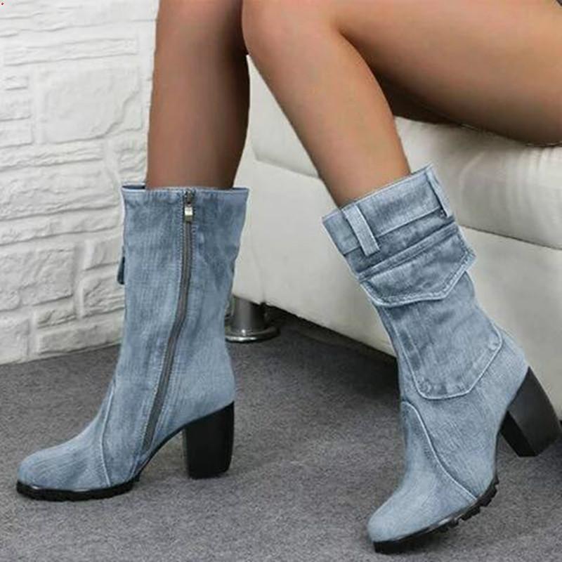 

Boots Fashion Autumn Winter Women Denim Pointed Toe Cowboy Style High Heels Shoes Knee, Navy