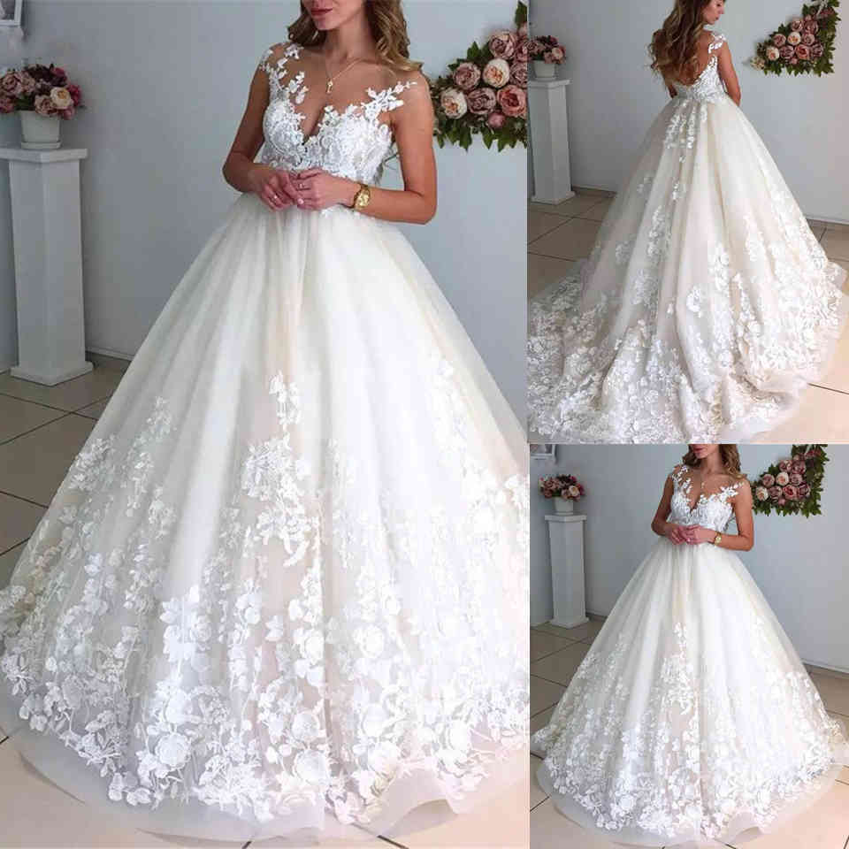 

Wedding Dresses 2021 Elegant Ball Gown Illusion Scoop Sleeveless V Back Exquisite Lace Appliques Bridal Gowns Vestidos De Noiva, Ivory