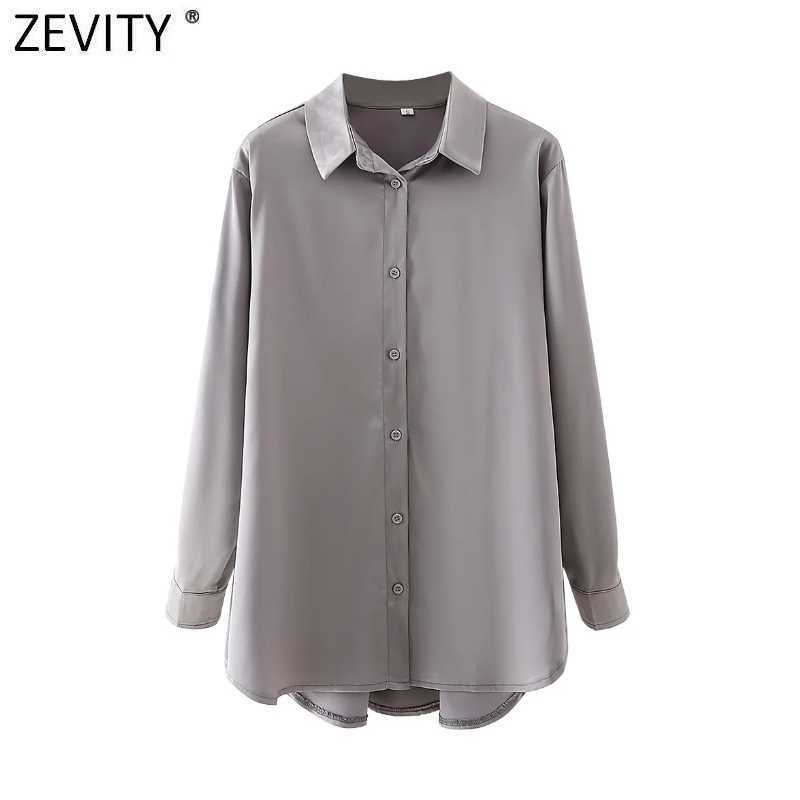 

Zevity Women Fashion Solid Color Breasted Satin Smock Blouse Office Lady Long Sleeve Slim Shirt Chic Blusas Tops LS7638 210603, Dt ls7638h
