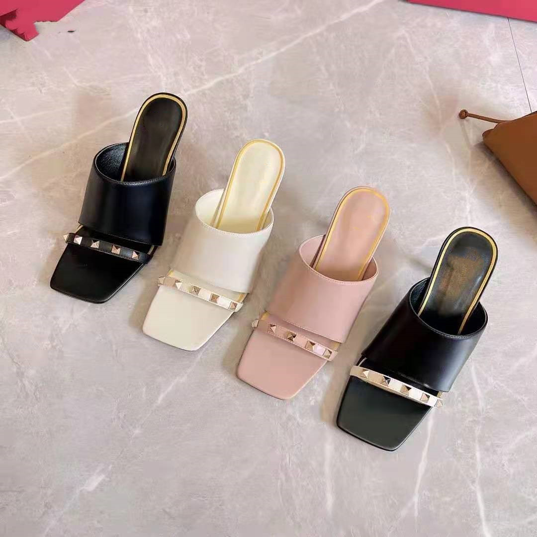 

2021 spring ummer rivet one word with high heel sandals and slippers feminine fashion fairy style leather stiletto open toe Roman shoes, Black