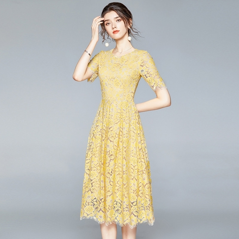 

Top Quality Blue Yellow Lace Dress Summer Women BBig Swing Long Midi Solid Party 210525