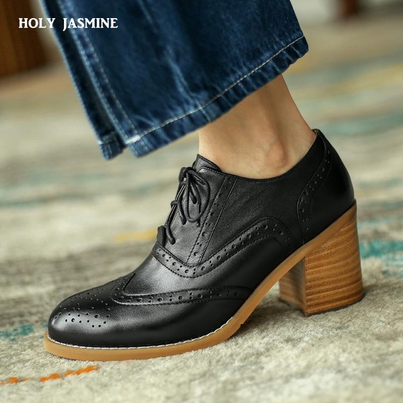 

Dress Shoes Women's High Heels Oxford Woman Genuine Leather Sneakers Ladies Brogues Vintage Bullock Casual For Women Footwear, Black