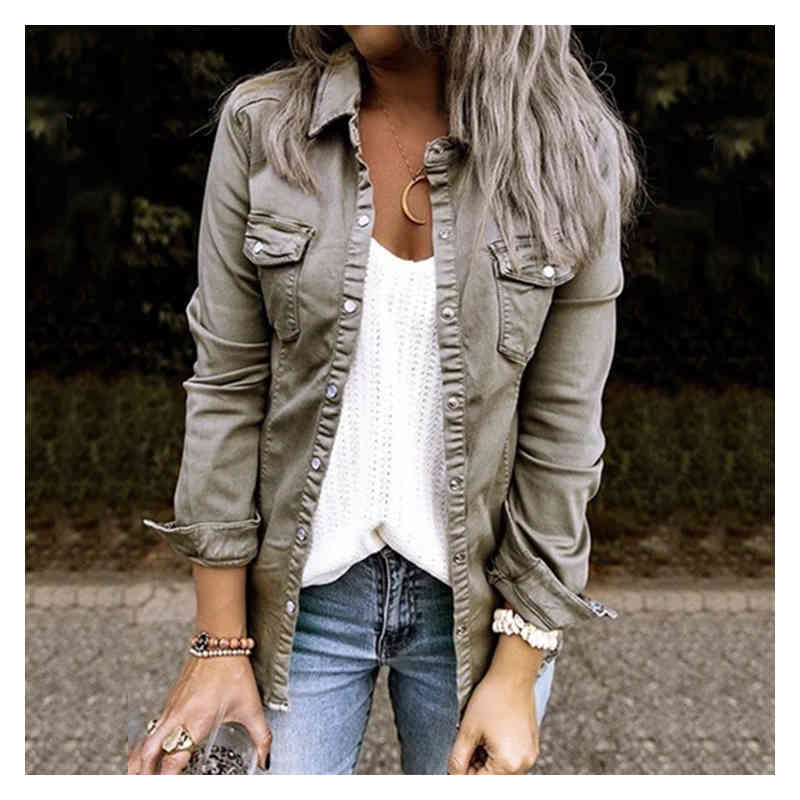

Denim Jacket With Fur Black Jean Mid Length Shirt Coat Fashion Slimming Solid Women Crop