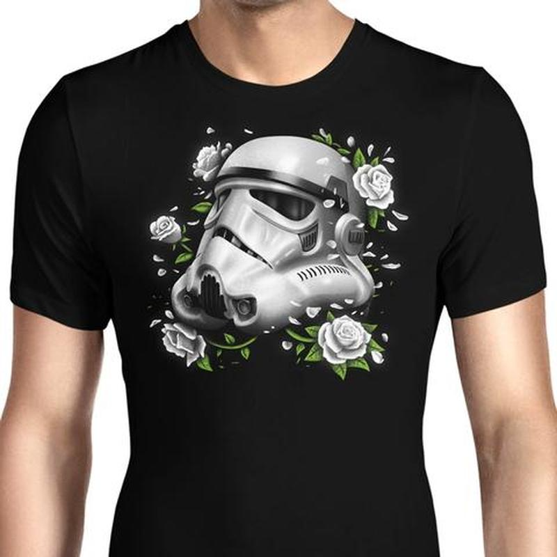 

European style helmet rose pattern ins wind round neck short sleeve men's and women's T-shirt comfortable and loose, White;black