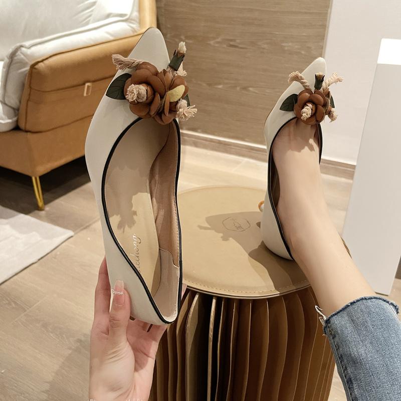 

Dress Shoes Flower Shallow Sandals High Heels Fashion Women 2022 Spring Autumn Pointed Toe Party Office Mujer, Khaki