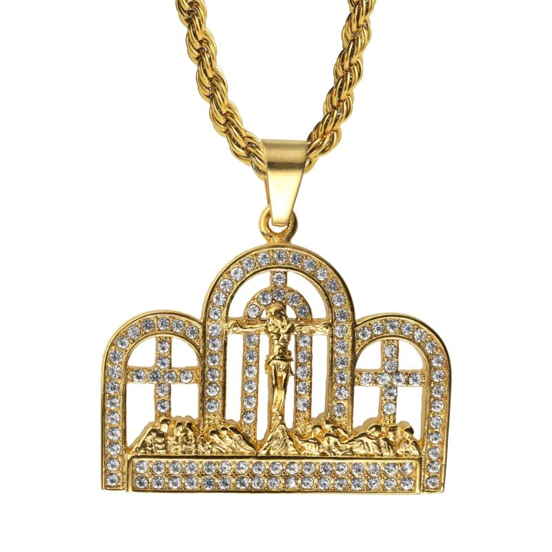 

Pendant Necklaces Hip Hop Bling Iced Out Rhinestones Stainless Steel Cross Church Supper Geometric Squae Pendants For Men Rapper Jewelry